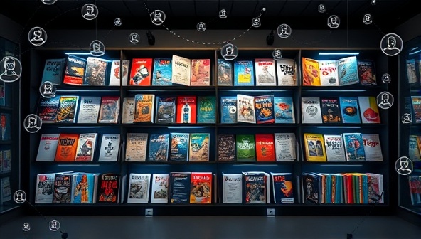 An imaginative digital visualization of a personalized magazine library with dynamic shelves showcasing diverse magazine covers and genres, surrounded by floating AI algorithms and user profiles, illustrating the tailored content experience delivered by MagiZine Custom.