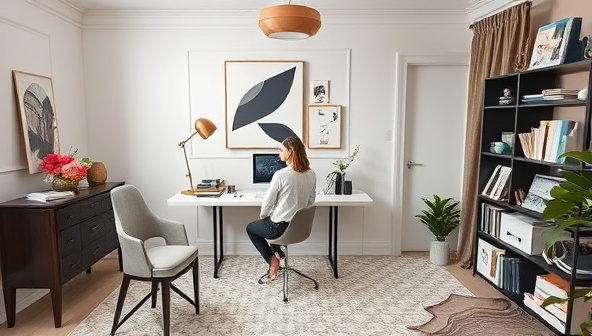 An elegant virtual design studio featuring a designer at work on a stylish home office setup, surrounded by fabric swatches, paint samples, design magazines, and a mood board, exuding sophistication and creativity in the online interior design realm.
