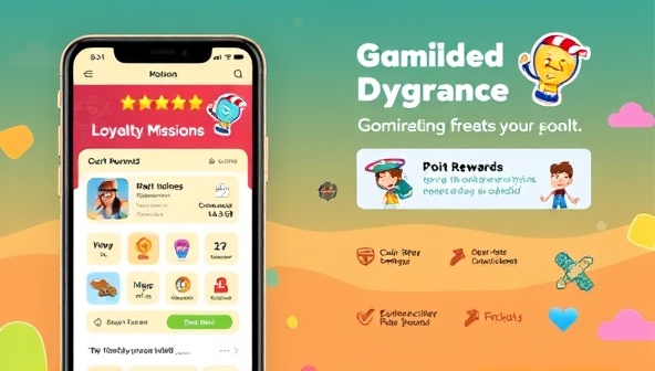 A colorful and dynamic mobile app interface displaying gamified loyalty missions, point rewards, and exclusive offers, with animated characters guiding users through the interactive loyalty program, creating a visually engaging and immersive experience.