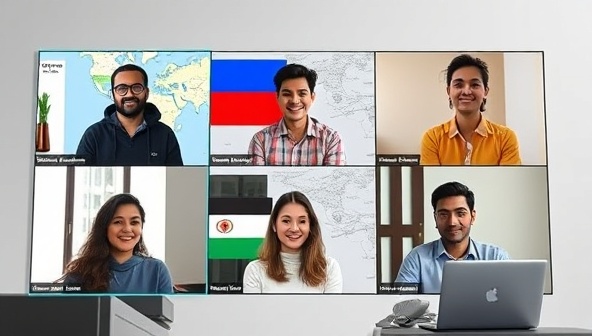 A virtual language exchange session with participants from different countries practicing language skills through video conferencing, showcasing the global connectivity and cultural exchange facilitated by LingoHub Online's platform.