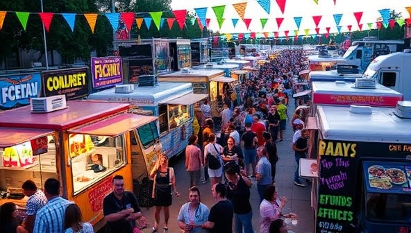 A bustling food truck rally event scene with a variety of gourmet trucks serving up tantalizing dishes, surrounded by crowds of happy attendees enjoying their meals, live music in the background, and colorful decorations enhancing the festive ambiance, capturing the vibrant and dynamic atmosphere of FlavorFest Express events.