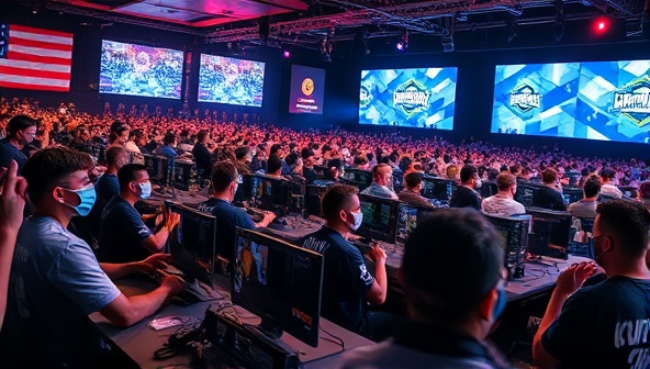 An energetic e-sports event scene featuring GameChanger Agency talents competing in a thrilling gaming tournament, surrounded by cheering fans, branded merchandise, and digital screens displaying live gameplay, illustrating the dynamic and competitive spirit of professional e-sports representation by GameChanger Agency.