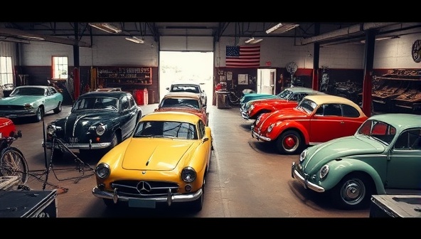 An atmospheric workshop setting with vintage cars in various stages of restoration, tools and equipment specific to classic car repair, and a showroom displaying beautifully restored vintage vehicles, capturing the essence of craftsmanship and automotive heritage.