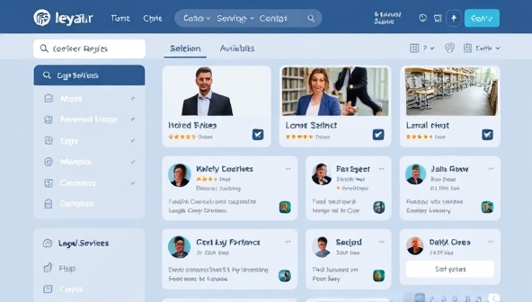 An online legal marketplace interface displaying a variety of legal services available for selection, with profiles of legal professionals and client reviews visible, creating a user-friendly and transparent platform for legal service transactions.