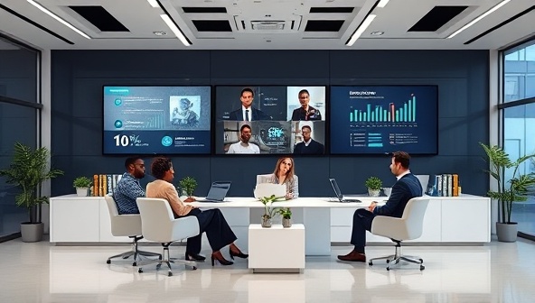 A virtual HR office setting with a diverse team of HR consultants engaged in a virtual meeting, digital screens displaying HR metrics and compliance guidelines, and a welcoming virtual lobby for client consultations, symbolizing professionalism and expertise in HR management.
