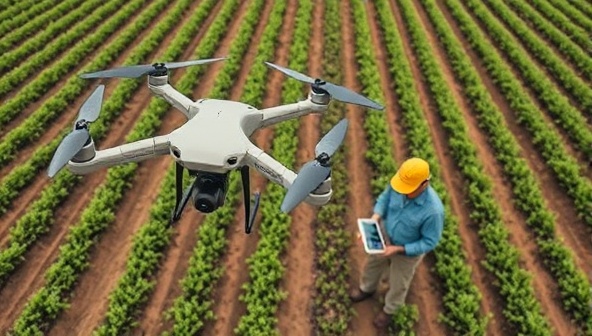 An overhead view of a drone equipped with sensors flying over a lush agricultural field, capturing detailed imagery of crop rows and soil patterns, with a farmer analyzing the data on a tablet, illustrating precision farming and technology in agriculture.