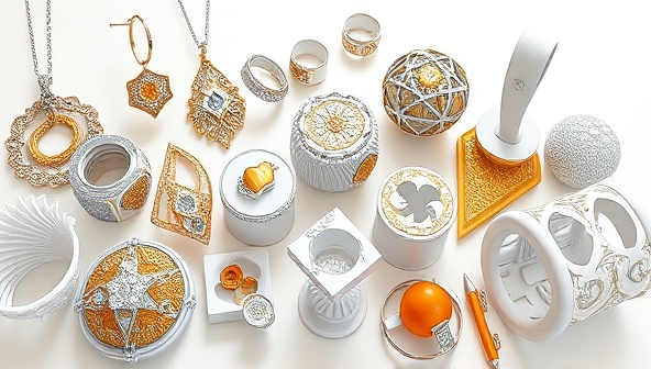 An artistic rendering showcasing a diverse collection of intricately designed 3D printed products, including jewelry, gadgets, and home decor items, highlighting the creativity and versatility of PrintCraft Creations.
