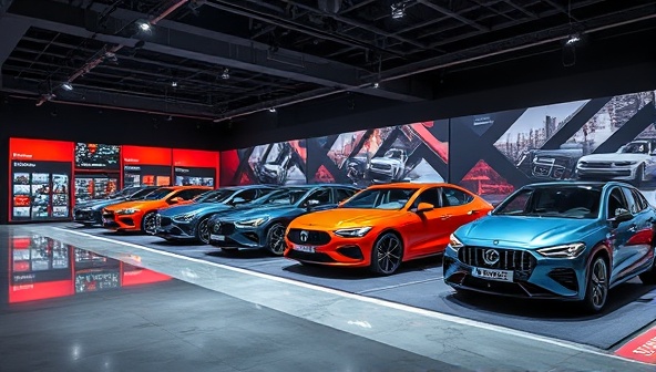 An immersive virtual showroom environment featuring a sleek lineup of digital car models with interactive features like color customization, interior exploration, and virtual test drive options, providing a futuristic and engaging car browsing experience on the AutoExpo Online platform.
