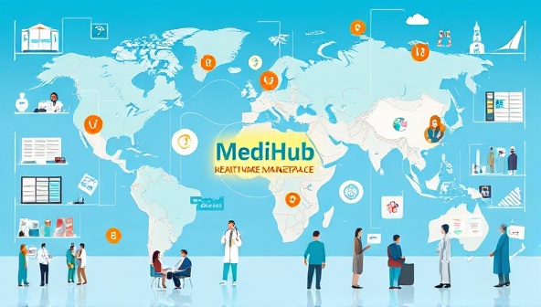 An illustrative depiction of the MediHub Global virtual healthcare marketplace showcasing a diverse array of healthcare services, providers, and specialties from around the world, symbolizing global healthcare access and choice at the fingertips of users seeking medical solutions.