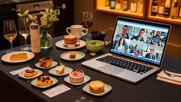 A virtual tasting session setup with a selection of gourmet food samples displayed neatly on a table, accompanied by tasting notes, a laptop showing a live virtual tasting session, and decorative elements reflecting the theme of the tasting experience, creating an immersive and engaging atmosphere.