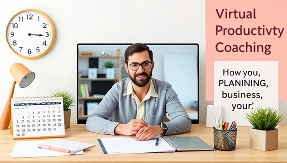 A virtual productivity coaching session with an entrepreneur receiving guidance on time management strategies and business planning from a coach via a video call, surrounded by business tools, a calendar, and motivational quotes, symbolizing growth and success in business endeavors.