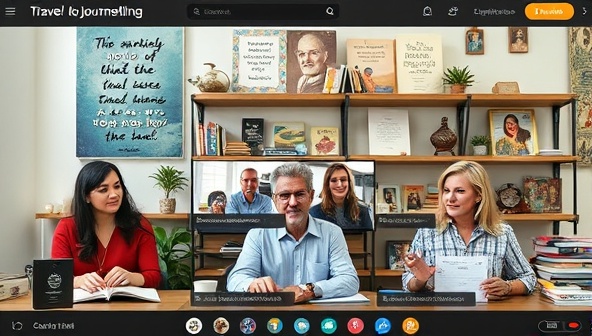 An online travel journaling community scene featuring members sharing their digital journals, travel photos, and storytelling excerpts in a virtual discussion forum, with inspirational quotes and travel mementos displayed in the background, fostering a creative and supportive space for travel storytelling.