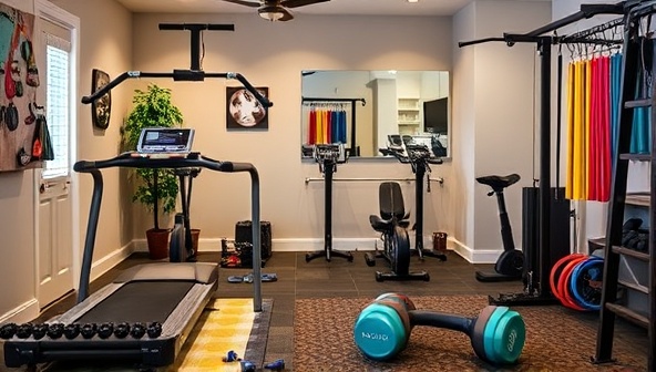 An eye-catching visual of a home gym setup featuring a variety of rented fitness equipment, such as a treadmill, dumbbells, and resistance bands, in a stylish and inviting space, highlighting the convenience and versatility of FitFleet Rent's fitness rental service.
