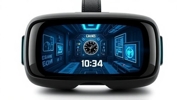 A virtual reality headset displaying a futuristic escape room scenario with intricate puzzles, mysterious clues, and a digital countdown timer, capturing the essence of the virtual adventure.
