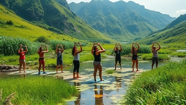 An immersive visual representation of GreenFit Expeditions participants engaging in outdoor fitness activities surrounded by lush green landscapes, clean water bodies, and sustainable practices, embodying the harmony between fitness, nature, and environmental stewardship offered by the subscription service.