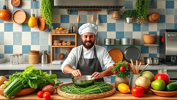 An interactive and vibrant virtual cooking class scene with a chef guiding participants through a recipe on a live video call, surrounded by fresh ingredients, cooking utensils, and culinary props, creating a virtual kitchen atmosphere full of flavor and creativity.