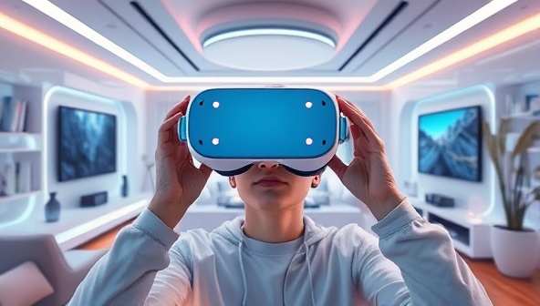 An engaging VR headset display with a user exploring a digitally rendered living room space, surrounded by futuristic design elements and interactive customization features, illustrating the innovative and immersive nature of virtual reality home design.