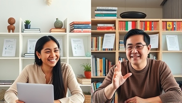 A split-screen image showing a diverse pair of individuals engaged in a lively language exchange conversation online, with language learning materials in the background, symbolizing cultural immersion and connection.