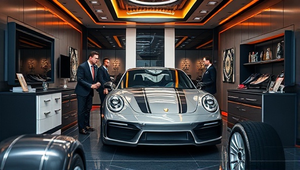 An opulent setting with a luxury car being serviced by attentive concierge staff, surrounded by upscale automotive accessories and amenities, portraying the premium and personalized experience offered by AutoConcierge360 to affluent car owners seeking top-tier automotive care.