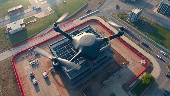 An aerial view captured by a drone, showcasing a construction site with detailed 3D mapping and topographical data, highlighting the precision and efficiency of drone-based architectural surveys.