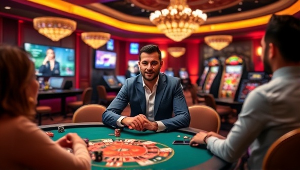 An engaging live streaming host interacting with online players in a virtual casino setting, creating a vibrant and interactive atmosphere on the StreamBet Hosts platform, highlighting the social aspect and personalized experiences offered to users.