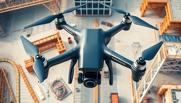 An aerial drone view of a construction site with live video feeds showing different project areas, project milestones, and construction activities, illustrating the remote project monitoring service's real-time oversight capabilities and project transparency, creating a futuristic and efficient project monitoring experience.