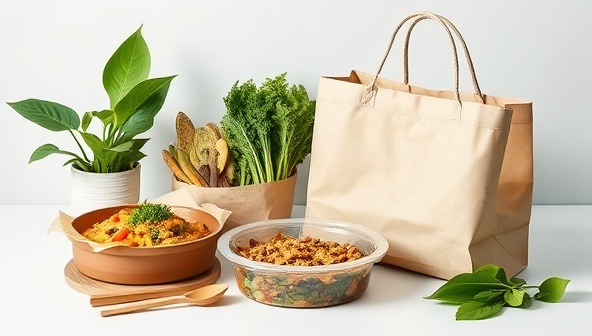 An eco-conscious meal delivery setup with fresh plant-based dishes, biodegradable packaging, and a delivery bag made from recycled materials, emphasizing the sustainability and environmental focus of the meal delivery service.