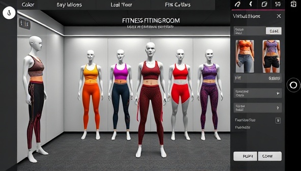 An interactive virtual fitting room interface displaying a range of fitness apparel options on a digital mannequin, with customization features for color, fit, and style preferences, offering a personalized and immersive shopping experience.