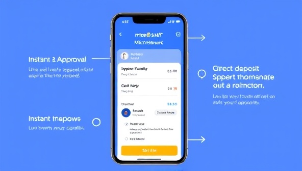 An engaging mobile screen showcasing the MicroSwift app interface with a simple loan application process, instant approval notification, and a direct deposit feature, highlighting the speed and efficiency of accessing microloans, appealing to users in need of quick financial solutions.