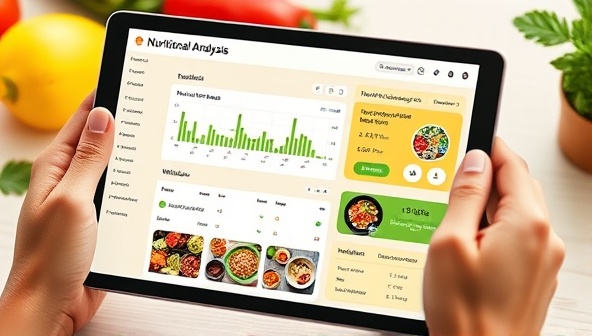 An interactive nutritional analysis dashboard displayed on a tablet screen, with a user inputting food choices and wellness goals, receiving instant meal recommendations and nutrient breakdowns, along with vibrant images of healthy dishes and ingredients, illustrating the convenience and accuracy of NutriAI's AI-driven meal planning platform.