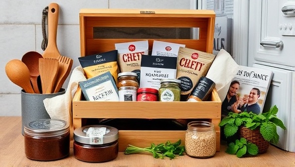An elegant and curated Chef's Crate box filled with gourmet ingredients, recipe cards, and kitchen tools, surrounded by cooking utensils, fresh herbs, and a cookbook, inspiring home chefs to embark on a culinary journey in the comfort of their kitchens.