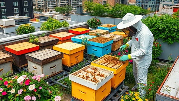 An urban rooftop garden with colorful beehives buzzing with activity, surrounded by blooming flowers and lush greenery, with a beekeeper in protective gear inspecting a hive, symbolizing urban sustainability and pollinator conservation through beekeeping.