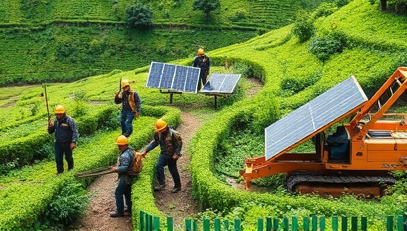 A diverse group of miners using solar-powered equipment in a lush, green mining site, showcasing the harmony between technology, nature, and sustainable practices.