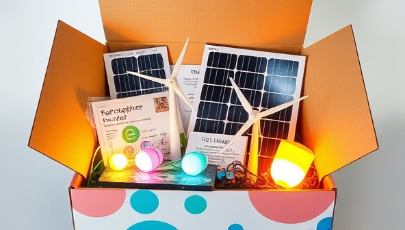 An attractive and vibrant box filled with solar panels, wind turbine models, LED lights, and educational materials, symbolizing innovation and eco-consciousness.