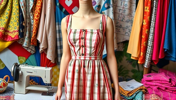 An artistic representation of a fashion designer upcycling a vintage dress into a modern, stylish outfit, surrounded by colorful fabrics and sewing tools, capturing the essence of creativity and sustainability in fashion upcycling.