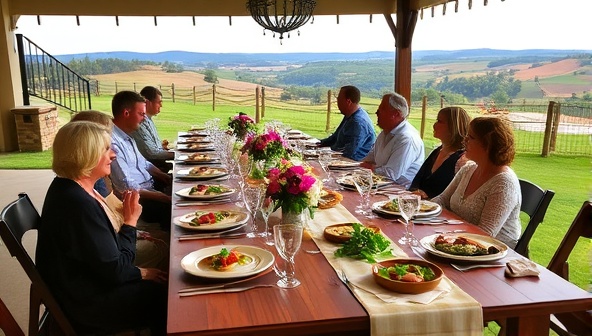 A beautifully set outdoor dining table at Harvest Haven Dinners, adorned with rustic decor, fresh flowers, and elegantly plated dishes made from farm-fresh ingredients, with guests enjoying a scenic view of rolling hills and lush farmland, capturing the essence of farm-to-table dining and culinary excellence.