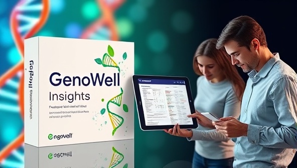 An engaging visual concept of a GenoWell Insights DNA testing kit with colorful genetic strands, a sleek digital interface displaying personalized wellness recommendations, and health-conscious individuals exploring their genetic reports, symbolizing empowerment and knowledge through genetic insights for optimal health and well-being.