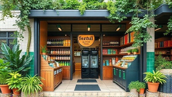 An inviting storefront featuring large refill stations with colorful eco-friendly products, surrounded by lush greenery and a visible recycling station, conveying a fresh and sustainable atmosphere.