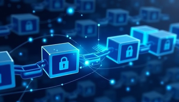 An illustration of interconnected blockchain blocks forming a digital chain, with financial data flowing securely between them, symbolizing transparency and data integrity in accounting processes.