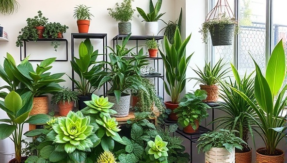 An inviting and lush indoor plant setup with a variety of houseplants, succulents, and greenery showcased in a well-lit room, creating a serene and botanical atmosphere ideal for virtual plant care consultations and gardening advice sessions.