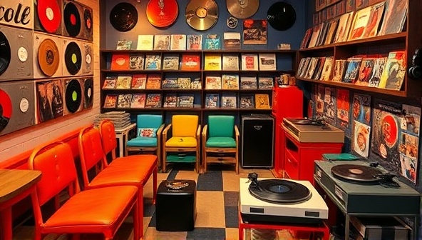 A retro lounge setup with vintage furniture, colorful record displays, and listening stations equipped with classic turntables and headphones, surrounded by shelves of rare vinyl albums and music memorabilia, inviting guests to immerse themselves in a nostalgic music experience.
