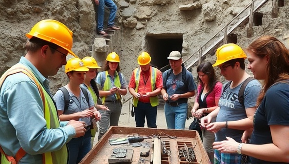 An image of a group of diverse tourists exploring a historical mining site with a guide, wearing safety gear, examining mining artifacts, and participating in hands-on activities, capturing the immersive and educational nature of MineQuest Adventures.