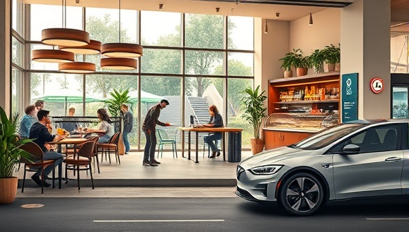 An artistic rendering of a modern cafe with stylish decor, bustling with customers enjoying coffee and pastries while sleek electric vehicles charge outside, showcasing a harmonious blend of sustainability and hospitality.