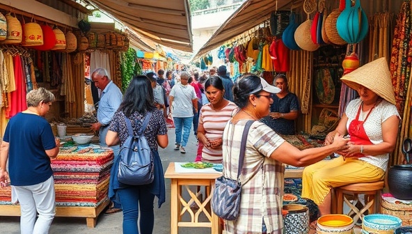 An artisan market scene bustling with activity, featuring vibrant stalls showcasing handmade goods, artisans demonstrating their craft techniques, and visitors engaging with local creators, creating a colorful and lively atmosphere of creativity and cultural exchange at Artisan Trailblazer tours.