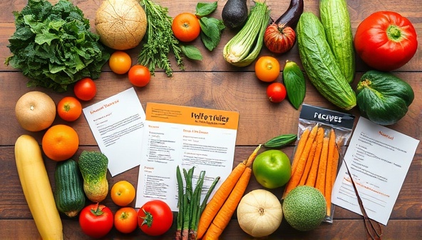 An artistic flat lay of colorful fruits, vegetables, and recipe cards arranged neatly on a wooden table, symbolizing personalized meal planning and healthy eating choices.