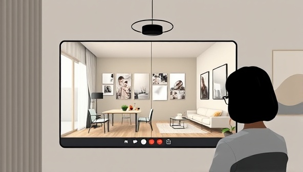 An elegant digital illustration of a virtual interior designer presenting a mood board to a client via a video call, with a split-screen showing the client's room and the proposed design elements seamlessly blended together, conveying a modern and personalized design experience.