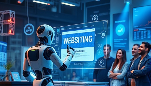 A futuristic scene with a robot designing a website on a holographic screen, surrounded by digital tools and a diverse group of satisfied clients watching in amazement, symbolizing AI-driven creativity and efficiency.