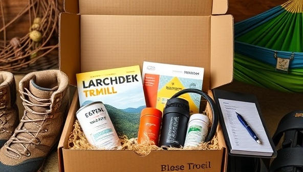 An enticing and adventurous display of a subscription box filled with hiking boots, a trail guidebook, a portable water purifier, a camping hammock, and a travel journal with a pen, evoking a sense of exploration and outdoor discovery.