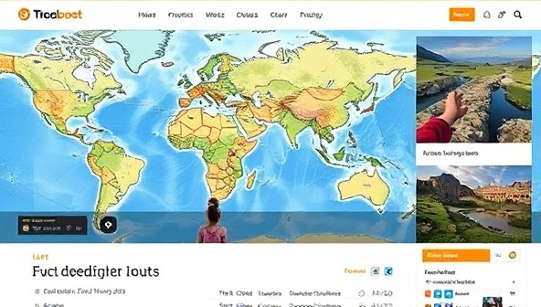 An adventurous blog scene with a dynamic map displaying highlighted travel routes, photos of picturesque landscapes, and a community chat section buzzing with conversations, creating a virtual hub for exploration and storytelling among avid travelers.