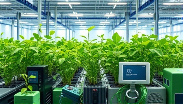 An artistic representation of electronic devices being transformed into vibrant green plants in a futuristic recycling plant, symbolizing the concept of tech regeneration and environmental sustainability.